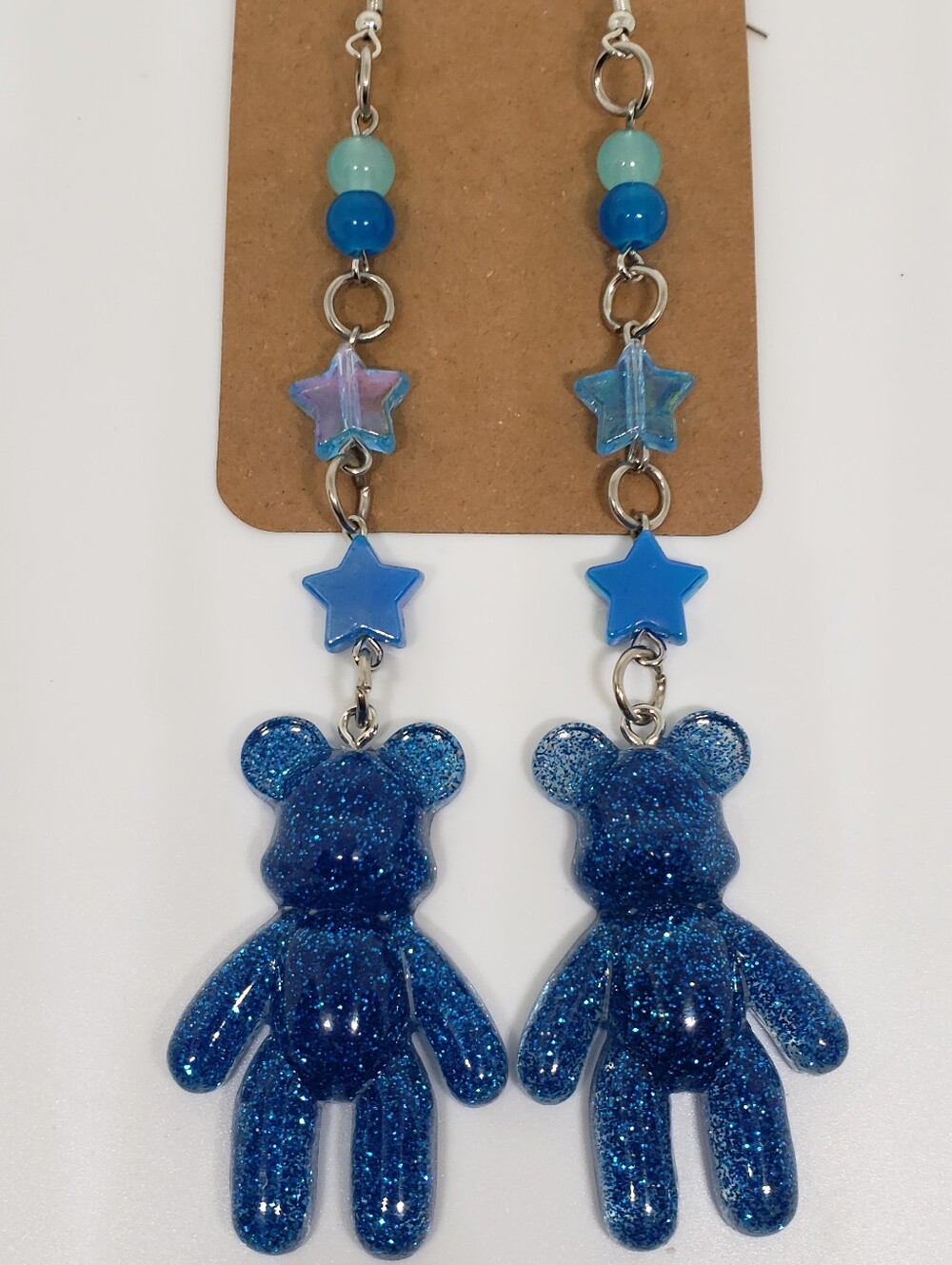 Handmade Beaded Blue Glitter Teddy Bear Earrings
